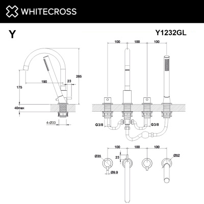 Смеситель для ванны на 4 отверстия WHITECROSS Y Y1232GL (золото) - купить в интернет-магазине Sun-buy